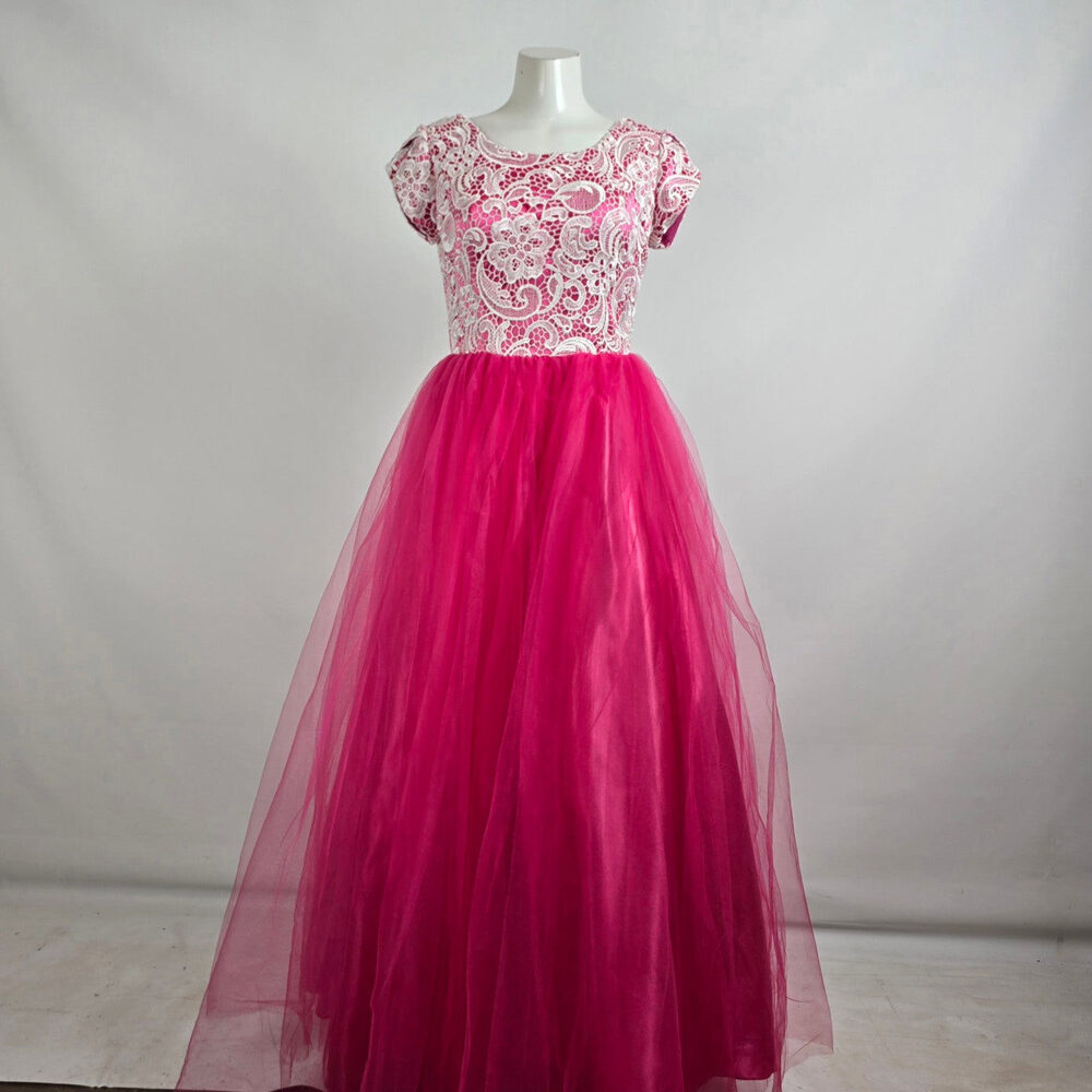 Symphony of Venus White Lace Pink Tulle Grad Gown Size 12